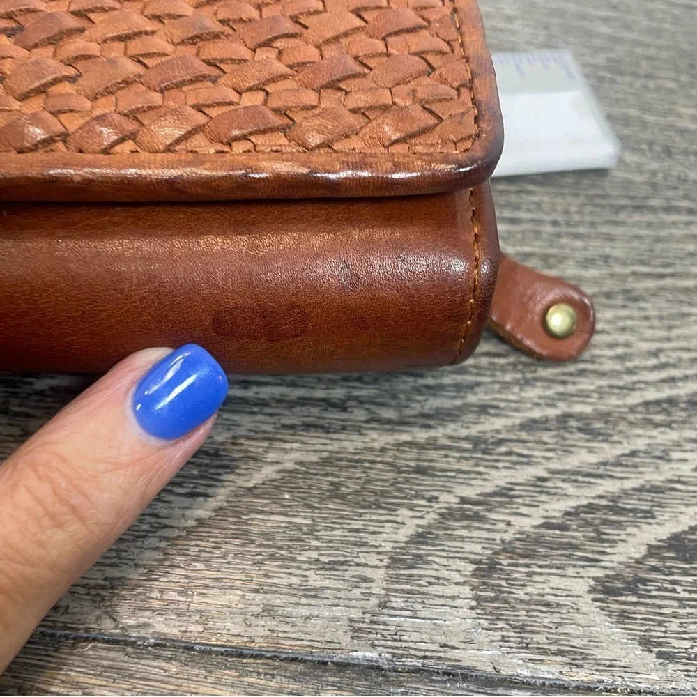Tan Woven Leather Wallet with Artisanal Texture. Preowned. Spot on bottom.